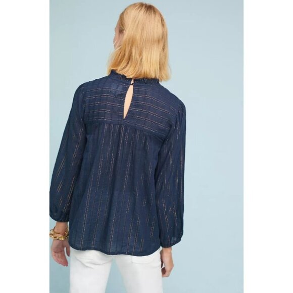 Anthropologie Maeve Reston Blouse Navy Blue w Copper  Vertical Stripes size XS - Picture 2 of 16